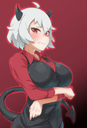 Rule 34 | 1girl, ahoge, arms under breasts, berotore, black background, black horns, black pants, black tail, black vest, blush, breasts, closed mouth, commentary, demon girl, demon horns, demon tail, dress shirt, gradient background, helltaker, highres, horns, large breasts, light frown, long sleeves, looking at viewer, looking to the side, malina (helltaker), pants, raised eyebrows, red background, red eyes, red shirt, ringed eyes, shirt, short hair, tail, upper body, vest, waistcoat, wavy mouth, white hair