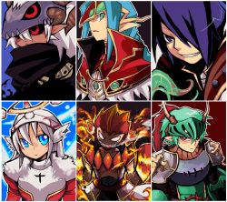 Rule 34 | 1girl, 5boys, anger vein, armor, assassin cross (ragnarok online), black pants, black scarf, black sclera, black shirt, blue eyes, blue hair, braid, braided ponytail, breastplate, brown cape, cape, capelet, chainmail, champion (ragnarok online), closed mouth, coat, colored sclera, commentary request, creator (ragnarok online), cross, dress, emon-yu, extra eyes, fire, fur-trimmed capelet, fur trim, green eyes, green hair, grin, hair between eyes, halo, hat, head wings, high collar, high priest (ragnarok online), high wizard (ragnarok online), hood, hooded coat, living clothes, long hair, looking at viewer, lord knight (ragnarok online), multiple boys, no pupils, open clothes, open coat, orange hair, pants, pauldrons, pointy ears, ponytail, purple eyes, purple hair, ragnarok online, red capelet, red dress, red eyes, scarf, sharp teeth, shirt, short hair, shoulder armor, single braid, sleeveless, sleeveless coat, slime (substance), slit pupils, smile, teeth, tentacles, two-tone dress, upper body, white coat, white dress, white hair, white wings, wings, wizard hat