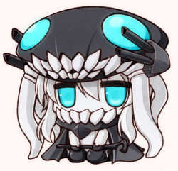 Rule 34 | 10s, 1girl, @ @, abyssal ship, blue eyes, bodysuit, cape, chibi, gloves, hat, kantai collection, long hair, pale skin, ruton-niki, silver hair, simple background, solo, staff, turret, wo-class aircraft carrier