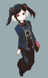 Rule 34 | 10s, 1girl, bag, black footwear, black hair, bow, casual, chado, earmuffs, fashion, grey background, hair bow, handbag, jacket, light frown, long skirt, looking at viewer, love live!, love live! school idol project, print shirt, red bow, red eyes, shirt, shoes, simple background, skirt, solo, twintails, yazawa nico