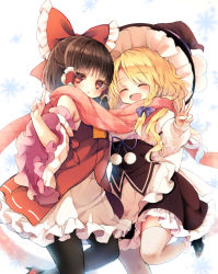 Rule 34 | &gt;:d, 2girls, :d, ^ ^, adapted costume, apron, bare shoulders, black legwear, blonde hair, blush, bow, braid, brown hair, closed eyes, commentary request, detached sleeves, closed eyes, flat chest, forehead-to-forehead, hair bow, hair tubes, hakurei reimu, hat, heads together, juliet sleeves, kirisame marisa, long sleeves, looking at viewer, multiple girls, open mouth, pantyhose, piyokichi, puffy sleeves, red eyes, scarf, shared clothes, shared scarf, shirt, single braid, skirt, skirt set, smile, standing, standing on one leg, thighhighs, touhou, v, v-shaped eyebrows, vest, waist apron, white legwear, wide sleeves, witch hat, yuri, zettai ryouiki
