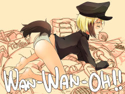 Rule 34 | 1girl, ass, barefoot, blonde hair, bottomless, erica hartmann, highres, mune, no pants, panties, solo, strike witches, tail, underwear, white panties, world witches series