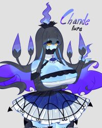 Rule 34 | arm under breasts, black hair, breasts, chandelier, chandelure, cleavage, creatures (company), crown, dress, fire, frilled dress, frills, game freak, gen 5 pokemon, ghost, ghost flame, ghost girl, highres, huge breasts, long hair, looking at viewer, multicolored hair, nintendo, pokemon, pokemon (creature), purple fire, purple hair, smile, thick thighs, thighs, togetoge, wide hips, yellow eyes