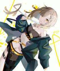 Rule 34 | 1girl, :p, absurdres, arknights, asymmetrical clothes, bandeau, bare shoulders, belt, black bandeau, black pants, blue jacket, breasts, brown hair, cleavage, commentary request, cowboy shot, dog tags, fire whistle (arknights), highres, jacket, kanshio, long sleeves, looking at viewer, medium breasts, midriff, navel, off shoulder, open clothes, open jacket, pants, short hair, simple background, single pantsleg, solo, standing, stomach, strapless, thighs, tongue, tongue out, tube top, white background, yellow eyes