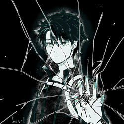 Rule 34 | 1boy, artist request, black background, black eyes, black hair, black shirt, closed mouth, crack, cracked glass, english text, fate/grand order, fate (series), fourth wall, fujimaru ritsuka (male), fujimaru ritsuka (male) (polar chaldea uniform), hair between eyes, highres, looking at viewer, male focus, monochrome, polar chaldea uniform, shirt, short hair, short sleeves, solo, uniform, upper body
