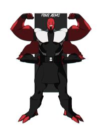 Rule 34 | 1boy, alien, alternate design, bald, ben 10, biceps, colored skin, double biceps pose, extra arms, extra eyes, flexing, four arms (ben 10), full body, grin, highres, large pectorals, liyamou, looking at viewer, male focus, monster boy, muscular, muscular male, pectorals, red skin, smile, solo, standing, thighs, two-tone background
