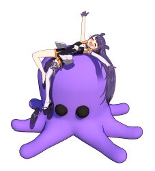 Rule 34 | 1girl, absurdres, black dress, blush, closed eyes, ddolbang, detached sleeves, dress, gloves, highres, hololive, hololive english, long hair, ninomae ina&#039;nis, ninomae ina&#039;nis (1st costume), octopus, platform clogs, platform footwear, pointy ears, purple gloves, purple hair, shoes, unworn shoes, single detached sleeve, single shoe, single thighhigh, smile, tentacle hair, thighhighs, virtual youtuber, white background