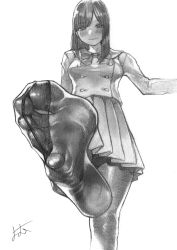 Rule 34 | 1girl, blush, feet, female focus, foot focus, foreshortening, from below, greyscale, highres, leg up, long hair, looking at viewer, monochrome, no shoes, pantyhose, pov, simple background, sketch, smile, soles, solo, standing, standing on one leg, toes, white background, yomu (sgt epper)