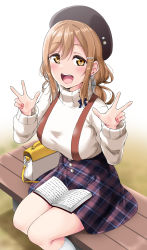 Rule 34 | 1girl, :d, absurdres, bag, bench, beret, black bow, black hat, blush, bow, breasts, brown hair, gradient background, hair between eyes, hair ornament, hairclip, handbag, hat, highres, kunikida hanamaru, large breasts, long sleeves, looking at viewer, love live!, love live! sunshine!!, multicolored clothes, multicolored skirt, nail polish, on bench, open mouth, plaid, plaid skirt, sidelocks, sitting, skirt, smile, socks, solo, suspender skirt, suspenders, sweater, turtleneck, twintails, upper body, v, white socks, white sweater, yellow eyes, yopparai oni