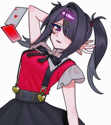 Rule 34 | 1girl, ace (playing card), ace of hearts, ame-chan (needy girl overdose), arm behind head, arm up, black hair, black ribbon, breasts, card, collared shirt, hair ornament, hair over one eye, hashtag-only commentary, heart, long hair, looking at viewer, neck ribbon, needy girl overdose, open mouth, playing card, purple eyes, red shirt, ribbon, shirt, simple background, skirt, small breasts, smile, solo, suspender skirt, suspenders, twintails, white background, x hair ornament, yumeno (yume0601)