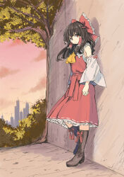 Rule 34 | 1girl, ascot, bare shoulders, black footwear, black hair, boots, bow, detached sleeves, frilled skirt, frills, full body, hair bow, hair tubes, hakurei reimu, highres, japanese clothes, kashiwada kiiho, knee boots, long hair, nontraditional miko, outdoors, red bow, red eyes, red skirt, sidelocks, skirt, solo, touhou, tree, white sleeves, wide sleeves, yellow ascot