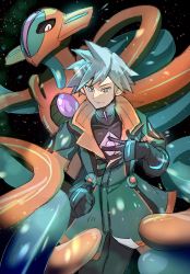 Rule 34 | 1boy, blue eyes, blue hair, bodysuit, bodysuit under clothes, coat, creatures (company), deoxys, deoxys (normal), game freak, gem, gen 3 pokemon, gloves, hand on own chest, highres, looking at viewer, male focus, mochiko (mochi373pk), mythical pokemon, nintendo, official alternate costume, pokemon, pokemon (creature), pokemon masters ex, space, star (sky), steven stone, steven stone (sygna suit), tentacles, twitter username