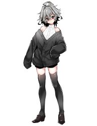 Rule 34 | 1boy, ahoge, androgynous, bare shoulders, black cardigan, black footwear, black thighhighs, buttons, cardigan, covered collarbone, crossed bangs, dot mouth, fate/apocrypha, fate/grand order, fate (series), hair between eyes, hair intakes, haoro, highres, light blush, male focus, messy hair, off shoulder, red eyes, shoes, short hair, sieg (fate), simple background, solo, sweater, thighhighs, white background, white sweater, zettai ryouiki