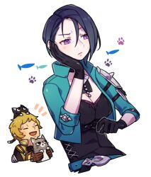 Rule 34 | 1boy, 1girl, armor, black choker, black corset, black gloves, blonde hair, blue hair, breasts, cat, choker, cleavage, closed mouth, commentary request, corset, cropped jacket, fire emblem, fire emblem: three houses, gloves, green jacket, haconeri, hair between eyes, hand on own face, jacket, large breasts, nintendo, open clothes, open jacket, pale skin, parted bangs, purple eyes, raised eyebrows, raphael kirsten, shamir nevrand, short hair, shoulder armor, simple background, upper body, white background