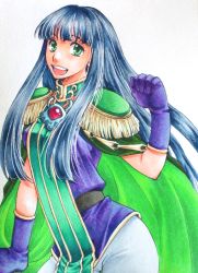 Rule 34 | 1girl, ao (yashuring), black hair, cape, elbow gloves, gloves, green eyes, long hair, looking at viewer, open mouth, shoulder pads, slayers, smile, solo, sylphiel nels lahda, traditional media, yashuring