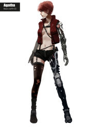 Rule 34 | 1girl, absurdres, agatha (tony sun), between breasts, black eyes, black shorts, black thighhighs, breasts, character name, cropped jacket, cyborg, full body, garter straps, highres, looking to the side, mechanical arms, mechanical legs, medium breasts, navel, original, red hair, shorts, simple background, single mechanical arm, single mechanical leg, single thighhigh, solo, standing, stomach, strap, strap between breasts, thighhighs, tony sun, torn clothes, torn thighhighs, white background