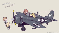 Rule 34 | 4girls, aircraft, black legwear, blonde hair, brown hair, dated, fairy (kancolle), fm-2 wildcat, gambier bay (kancolle), grey background, hairband, hands on own hips, hornet (kancolle), intrepid (kancolle), jacket, kantai collection, lab coat, light brown hair, long hair, long sleeves, multiple girls, nakaaki masashi, neckerchief, open mouth, pantyhose, ponytail, saratoga (kancolle), sidelocks, simple background, skirt, smile, standing, twintails, twitter username