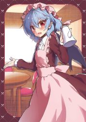 Rule 34 | 1girl, alternate costume, apron, bat wings, beni kurage, blue hair, chair, commentary request, dress, feet out of frame, frilled apron, frills, hair between eyes, hand up, hat, highres, holding, holding teapot, long dress, long sleeves, mob cap, open mouth, pink apron, pink hat, pointy ears, red dress, red eyes, remilia scarlet, short hair, smile, solo, standing, table, teapot, touhou, wings