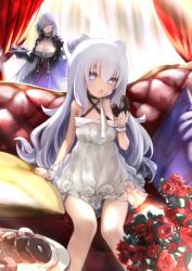 Rule 34 | 2girls, azur lane, bare shoulders, blue eyes, blush, breasts, butterfly hair ornament, cleavage, closed mouth, collarbone, couch, curtains, day, double bun, dress, dunkerque (azur lane), eating, flower, food, grey hair, hair between eyes, hair bun, hair ornament, holding, holding food, holding tray, indoors, large breasts, le malin (azur lane), le malin (sleepy sunday) (azur lane), lefthand, long hair, looking at viewer, multiple girls, red flower, red rose, rose, sidelocks, sitting, small breasts, sunlight, symbol-shaped pupils, tray, very long hair, white dress, white hair, window