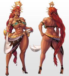 Rule 34 | 1girl, abs, absurdres, aged up, alternate breast size, alternate height, anklet, armlet, ass tattoo, blue lips, bracelet, braid, braided ponytail, breasts, broad shoulders, collarbone, dark-skinned female, dark skin, from behind, full body, gerudo, green eyes, hair ornament, hair rings, hand on own hip, high heels, highres, huge breasts, jewelry, kongman99, lipstick, long hair, makeup, muscular, muscular arms, muscular back, muscular female, muscular legs, neck ring, nintendo, pointy ears, riju, scimitar, simple background, single braid, skirt, smile, standing, sword, the legend of zelda, the legend of zelda: tears of the kingdom, thick thighs, thighs, very long hair, weapon, white background