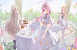 Rule 34 | 3girls, = =, animal ears, birthday sash, blonde hair, blue archive, blush, box, cake, capelet, champagne flute, chocolate cake, crown, cup, detached collar, dress, drinking glass, feathered wings, food, fox ears, gift, gift box, halo, highres, jsscj, light brown hair, long hair, looking at viewer, mika (blue archive), multiple girls, nagisa (blue archive), pink hair, saucer, seia (blue archive), smile, straight hair, swiss roll, tea party (blue archive), teacup, teapot, tiered tray, very long hair, white capelet, white dress, white wings, wings