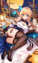 Rule 34 | 1girl, absurdres, ass, black gloves, black panties, black thighhighs, blonde hair, blue eyes, blue footwear, breasts, bridal gauntlets, china dress, chinese clothes, cleavage, cleavage cutout, clothing cutout, dress, elbow gloves, full moon, gloves, hair ornament, highres, ice laozei, large breasts, long hair, looking at viewer, lying, moon, on side, panties, saratoga (warship girls r), shoes, sky, smile, solo, star (sky), starry sky, thighhighs, underwear, very long hair, warship girls r
