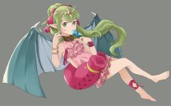 Rule 34 | 1girl, bracelet, dragon wings, fire emblem, fire emblem: mystery of the emblem, fire emblem heroes, food, green eyes, green hair, grey background, hair ribbon, highres, jewelry, long hair, nintendo, pink one-piece swimsuit, pointy ears, ponytail, popsicle, ribbon, sakuremi, simple background, solo, swimsuit, tiara, tiki (fire emblem), tiki (young) (fire emblem), wings