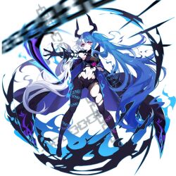 1girl benghuai_xueyuan blue_cape blue_hair breasts cape fran_(benghuai_xueyuan) full_body glowing glowing_eyes honkai_(series) long_hair multicolored_hair navel official_art solo third-party_source two-tone_hair very_long_hair white_background white_hair