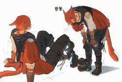 Rule 34 | 2boys, animal ears, ankle boots, asymmetrical clothes, black footwear, black pants, black scarf, boots, braid, braided ponytail, brown gloves, cat boy, cat ears, cat tail, closed eyes, commentary, cross-laced footwear, dual persona, elbow gloves, exhausted, final fantasy, final fantasy xiv, fingerless gloves, from side, full body, g&#039;raha tia, gameplay mechanics, gloves, grbraku, grey shirt, hair ornament, hands on own knees, heavy breathing, highres, jacket, jewelry, knees up, leaning forward, low ponytail, male focus, miqo&#039;te, multiple boys, neck tattoo, open mouth, pants, pendant, red hair, red jacket, scarf, shirt, short hair, short ponytail, simple background, single braid, sitting, standing, sweat, swept bangs, tail, tattoo, trembling, white background, x hair ornament