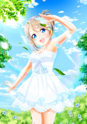 Rule 34 | 1girl, alternate hairstyle, armpits, bare arms, bare shoulders, blue eyes, blush, breasts, bush, cleavage, cloud, collarbone, day, do10nn, dress, flower, grey hair, hair between eyes, hair flower, hair ornament, leaf, looking at viewer, love live!, love live! sunshine!!, medium breasts, open mouth, outdoors, salute, sky, sleeveless, sleeveless dress, smile, solo, sunlight, thank you friends!!, tree, watanabe you, white dress