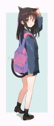 Rule 34 | 1girl, :o, animal ears, arm at side, backpack, bag, black hair, black socks, blazer, blue jacket, blue skirt, blush, brown eyes, brown footwear, brown hair, cat ears, cat girl, cat tail, collared shirt, fingernails, from side, full body, hand up, highres, holding ears, ishikawa mami, jacket, loafers, long hair, long sleeves, looking at viewer, matching hair/eyes, miniskirt, motion lines, original, outside border, pleated skirt, pocket, school uniform, shadow, shirt, shoes, skirt, sleeves past wrists, socks, solo, standing, sweater, tail, white shirt