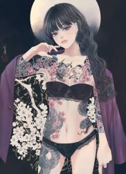 Rule 34 | 1girl, absurdres, arm tattoo, black background, black bra, black eyes, black hair, black panties, bra, breasts, buttons, cherry blossoms, chest tattoo, commentary request, cowboy shot, floral print, flower, flower tattoo, full moon, hand up, hannya, head tilt, highres, irezumi, jacket, jacket on shoulders, lace, lace-trimmed bra, lace-trimmed panties, lace trim, leg tattoo, lingerie, long hair, looking at viewer, moon, nail polish, navel, night, noh mask, open clothes, open jacket, original, panties, parted lips, purple jacket, purple nails, seal impression, signature, small breasts, snake tattoo, solo, standing, stomach, stomach tattoo, tattoo, two-sided fabric, two-sided jacket, underwear, ushiyama ame, wavy hair, white flower