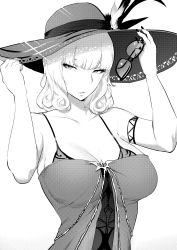 Rule 34 | 1girl, armlet, breasts, carmilla (fate), carmilla (swimsuit rider) (fate), carmilla (swimsuit rider) (first ascension) (fate), commentary, dress, english commentary, unworn eyewear, fate/grand order, fate (series), greyscale, hand on headwear, hat, highres, holding, holding removed eyewear, large breasts, long hair, looking at viewer, lynus, monochrome, simple background, solo, sun hat, sunglasses, upper body, white background