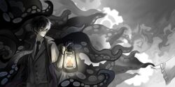 Rule 34 | 1boy, 1other, absurdres, black hair, black jacket, black necktie, brown eyes, chinese commentary, commentary request, fire, highres, holding, holding lantern, jacket, klein moretti, lantern, lin17550, lord of the mysteries, necktie, oil lamp, out of frame, shaded face, shirt, signature, smile, tentacles, white shirt, windbreaker