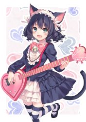 Rule 34 | 10s, 1girl, animal ears, aqua eyes, bad id, bad pixiv id, bell, black hair, blush, bonnet, bow, cat ears, cat tail, cyan (show by rock!!), drill hair, fang, fukahire (ruinon), guitar, heart, instrument, long sleeves, open mouth, puffy sleeves, purple hair, shirt, show by rock!!, simple background, skirt, smile, solo, strawberry heart (show by rock!!), striped clothes, striped thighhighs, tail, thighhighs, zettai ryouiki