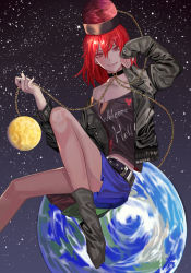 Rule 34 | 1girl, black footwear, black jacket, black shirt, breasts, chain, earth (ornament), gold chain, hair between eyes, hecatia lapislazuli, highres, jacket, leather, leather jacket, midriff peek, moon (ornament), multicolored clothes, multicolored skirt, off-shoulder shirt, off shoulder, open clothes, open jacket, plaid, plaid skirt, print shirt, red eyes, red hair, reki (user rcrd4534), shirt, short hair, skirt, small breasts, solo, space, star (sky), t-shirt, touhou