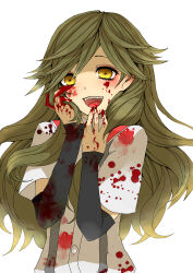 Rule 34 | 1girl, arashio (kancolle), blood, blood on clothes, blood on face, blush, brown eyes, brown hair, kantai collection, kido (choushouya), looking at viewer, open mouth, smile, white background, yandere