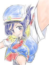 Rule 34 | 1girl, alternate hairstyle, artist name, artist request, ascot, blue dress, blue hair, blue hat, blush, collared dress, conductor, cross-laced footwear, dress, earrings, epaulettes, feathers, female focus, gloves, hair bun, happy party train, hat, hat feather, highres, jewelry, long hair, looking at viewer, love live!, love live! school idol festival, love live! sunshine!!, matsuura kanan, pasta pas ta, ponytail, purple eyes, purple hair, red ascot, short hair, short sleeves, sidelocks, single hair bun, smile, solo, whistle, white background, white feathers, white gloves