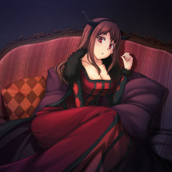Rule 34 | 10s, 1girl, argyle, breasts, cleavage, couch, dress, horns, huge breasts, long dress, long hair, looking at viewer, maou (maoyuu), maoyuu maou yuusha, pillow, red dress, red eyes, red hair, red upholstery, solo, striped upholstery, yumemizuki