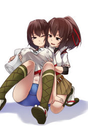 Rule 34 | 10s, 2girls, grabbing another&#039;s breast, breasts, brown eyes, brown hair, buruma, covered erect nipples, ginto, grabbing, hair ribbon, highres, hyuuga (kancolle), ise (kancolle), japanese clothes, kantai collection, large breasts, multiple girls, name tag, one eye closed, open mouth, ponytail, ribbon, sandals, sitting, wink, yuri