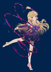 Rule 34 | 1girl, artist name, bare shoulders, blonde hair, breasts, brown eyes, chii, chobits, copyright name, dancer, dangmill, leg up, long hair, ribbon, robot ears, simple background, solo, tiptoes