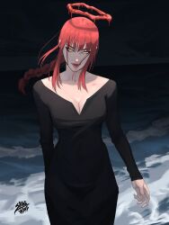Rule 34 | &gt;:), 1girl, black dress, braid, breasts, chainsaw man, cleavage, dress, evil smile, halo, highres, looking at viewer, makima (chainsaw man), ocean, red hair, red halo, shibewave, smile, solo, v-shaped eyebrows, waving, yellow eyes