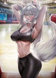 Rule 34 | 1girl, absurdres, animal ear fluff, animal ears, armpits, arms behind head, arms up, bare arms, bare shoulders, black pants, black sports bra, blush, breasts, cleavage, collarbone, cowboy shot, crop top, fox ears, fox girl, fox tail, hair between eyes, highres, korean commentary, large breasts, long hair, looking at viewer, midriff, navel, nompang, novel illustration, official art, open mouth, original, pants, pantyhose, sleeveless, solo, sports bra, stadium, standing, stomach, sweat, tail, taut clothes, variant set, yoga pants