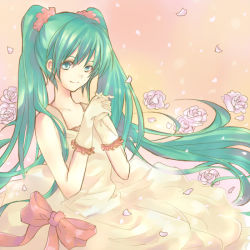 Rule 34 | 1girl, dobu hinako, dress, female focus, flower, gloves, gradient background, green eyes, green hair, hatsune miku, long hair, matching hair/eyes, own hands clasped, own hands together, plant, smile, solo, twintails, very long hair, vocaloid
