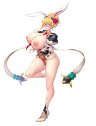 Rule 34 | 1girl, alternate hairstyle, animal ears, aoi nagisa (metalder), bare legs, bare shoulders, blonde hair, blush, breasts, breasts out, covered navel, curvy, earrings, embarrassed, fake animal ears, fake tail, female focus, fingerless gloves, flower, flower on head, full body, glasses, gloves, green eyes, hairband, highleg, highleg leotard, highres, huge breasts, jewelry, jumping, kosaka shizuru, leotard, lilith-soft, long hair, looking at viewer, nail polish, nipples, parted lips, playboy bunny, pubic tattoo, puffy nipples, pussy juice, rabbit ears, rabbit tail, shiny clothes, shiny skin, solo, sweat, tail, taimanin (series), taimanin rpgx, taimanin yukikaze, tattoo, thong leotard, white background