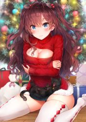 Rule 34 | 1girl, :3, absurdres, animal, argyle, argyle clothes, argyle legwear, black cat, bottomless, box, breast hold, breasts, brown hair, cat, christmas tree, cleavage, gift, gift box, hair bobbles, hair ornament, highres, ichinose shiki, idolmaster, long sleeves, medium breasts, meme attire, no shoes, open-chest sweater, red sweater, sack, sitting, solo, somalisu, sweater, thighhighs, turtleneck, turtleneck sweater, wariza, white thighhighs, wooden floor
