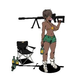 Rule 34 | 1girl, bikini top, bottle, chair, chewing gum, dark skin, green eyes, green shorts, gun, highres, holding, holding weapon, looking at viewer, original, ponytail, rifle, short hair, shorts, simple background, sniper rifle, solo, sunflowerpot, tan, weapon, white background, white boots