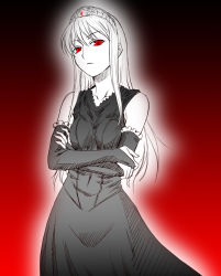 Rule 34 | 00s, bare shoulders, crossed arms, hime (kaibutsu oujo), kaibutsu oujo, kouda tomohiro, long hair, looking at viewer, monochrome, red eyes, simple background, solo, spot color, tiara