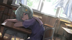 Rule 34 | 1girl, blue eyes, character request, classroom, dutch angle, ear ornament, from side, grey hair, hair between eyes, hair ornament, hairclip, highres, indoors, leaning forward, light rays, looking at viewer, open mouth, purple shirt, school uniform, seikatsu, shirt, short hair, solo, umamusume, upper body