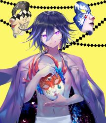 Rule 34 | 1boy, :q, black hair, closed mouth, commentary request, danganronpa (series), danganronpa v3: killing harmony, hair between eyes, highres, holding, holding mask, jacket, jacket on shoulders, looking at viewer, male focus, mask, unworn mask, multicolored hair, navel, oma kokichi, pants, pink eyes, purple eyes, purple hair, qianhai, short hair, simple background, smile, solo, space print, starry sky print, tongue, tongue out, topless male, white pants, yellow background